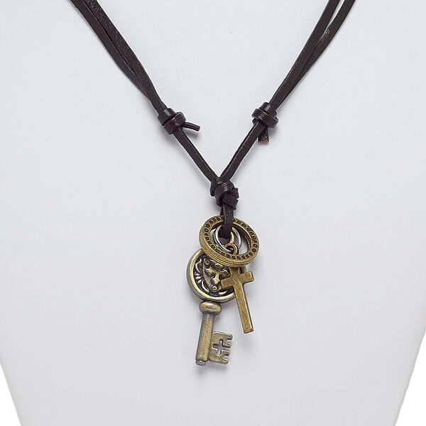 Necklace, leather (dyed) with antique brass-plated steel and "pewter" (zinc-based alloy), black, 2-inch dangle with 20mm ring / 26x11mm cross / 40x19mm key, adjustable from 16-32 inches with knot closure. Sold individually. image number 0