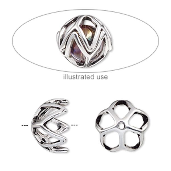 Bead cage, antique silver-plated "pewter" (zinc-based alloy), 14mm round with diamond cutout design, fits up to 10mm bead. Sold per 2-piece set. image number 0