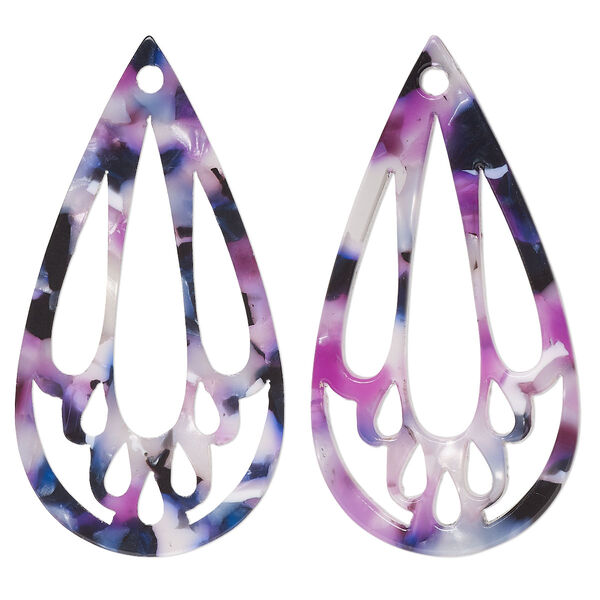 Focal, resin, purple / dark purple / white, 49x25mm teardrop with cutouts. Sold per pkg of 4. image number 0