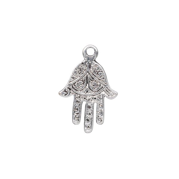Drop, antique silver-plated "pewter" (zinc-based alloy), 18x14mm single-sided Fatima hand. Sold per pkg of 10. image number 0