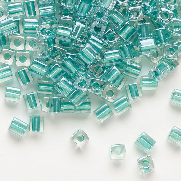 Seed bead, Miyuki, glass, pkg/25g, 3.5-3.7mm square, transparent metallic teal inside dyed color clear (SB-2605). image number 0