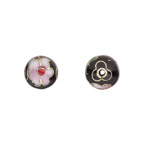 Bead, cloisonné, enamel and gold-finished copper, black and multicolored, 10mm round with flower design. Sold per pkg of 10. image number 0