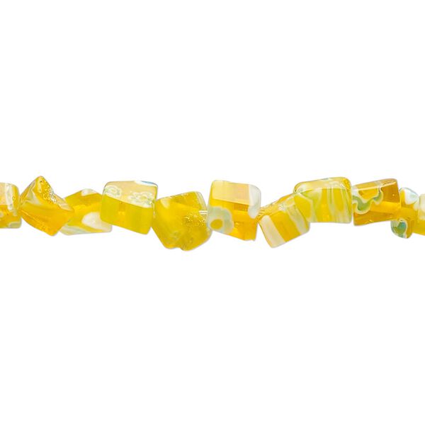 Bead, millefiori glass, translucent neon yellow / orange / multicolored, small chip. Sold per 34-inch strand. image number 0