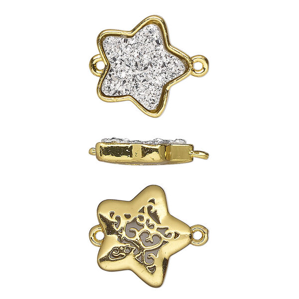 Link, Druzylite™, "druzy" (resin) and gold-finished brass, silver, 15x14mm two-sided star with open filigree back. Sold per pkg of 4. image number 0