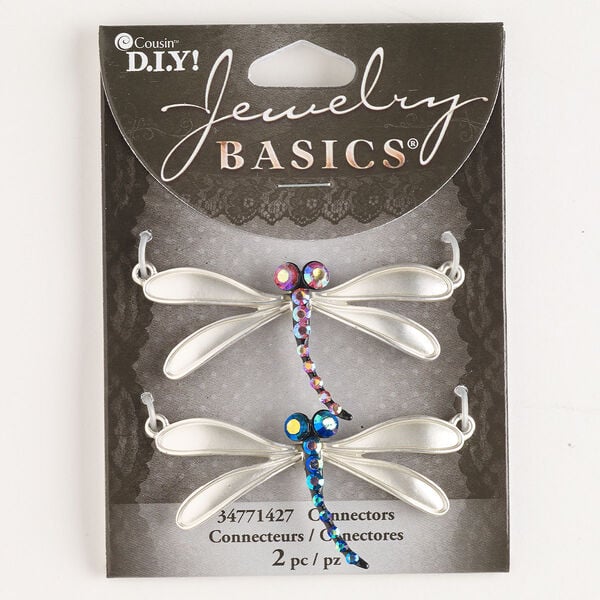 Focal assortment, matte silver-colored copper / black-finished brass / glass, pink and blue AB , 53x28mm dragonfly with 2 loops. Sold per pkg of 2. image number 0