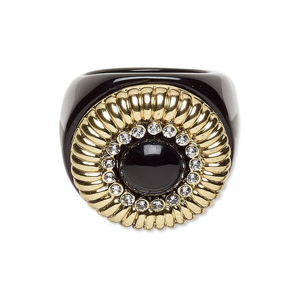 Ring, acrylic and glass rhinestone, black / gold / clear, 23mm round, size 7. Sold individually. image number 0