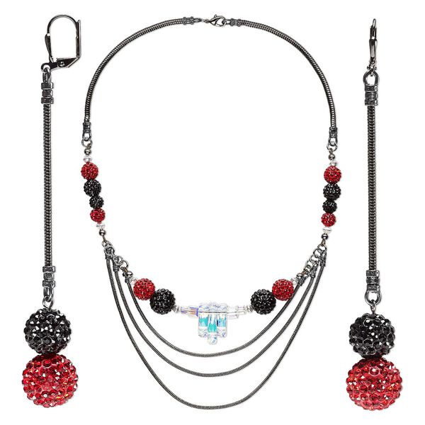 Necklace and earring set, One of a Kind Jewelry, gunmetal-plated brass / epoxy / glass rhinestone, red and black, 20-inch necklace. Only one available. image number 0