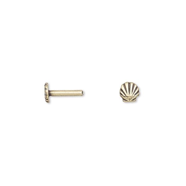Brad, JBB Findings, antiqued brass, 9x4.5mm with 4.5x4.5mm seashell and 8x1.5mm post. Sold per pkg of 4. image number 0