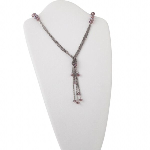 Necklace, glass and steel, black and purple, 8x6mm / 10x8mm / 12x10mm faceted rondelle, 37-inch lariat. Sold individually. image number 0