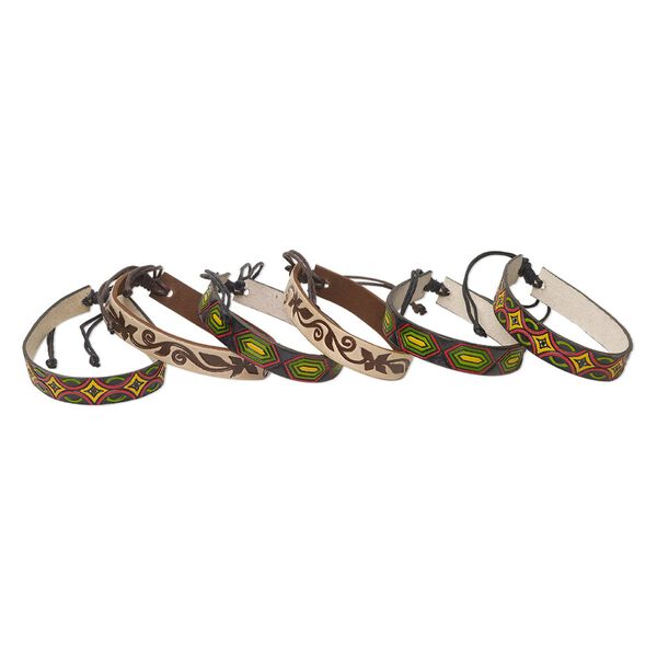 Bracelet, leather, multicolored, 9.5mm wide, adjustable from 7-9 inches with macramé knot closure. Sold per pkg of 6. image number 0