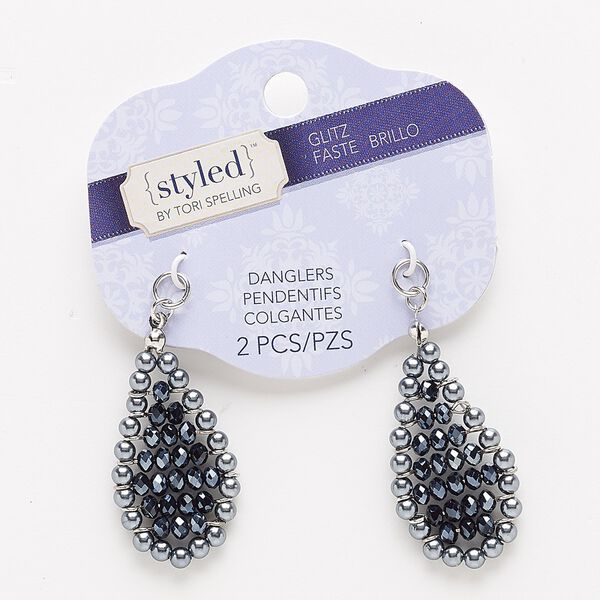 Drop, glass / glass pearl / silver-finished "pewter" (zinc-based alloy), black luster and grey, 43x24mm teardrop. Sold per pkg of 2. image number 0