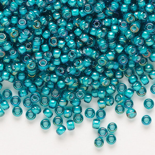 Seed bead, Miyuki, glass, pkg/250g, #8 rocaille, translucent white-lined luster teal, (RR-3765). image number 0