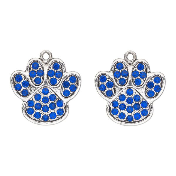 Charm, antique silver-finished "pewter" (zinc-based alloy) and glass, blue, 24x23mm single-sided paw print. Sold per pkg of 2. image number 0