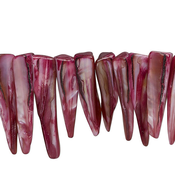 Bead, mother-of-pearl shell (dyed), magenta, 20x5mm-38x8mm top-drilled talon, Mohs hardness 3-1/2. Sold per 15-1/2" to 16" strand. image number 0