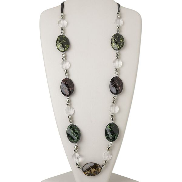 Necklace, acrylic / waxed cotton cord / silver-coated plastic / silver-finished steel, multicolored, flat oval, 38 inches with a 2-inch extender chain and lobster claw clasp. Sold individually. image number 0