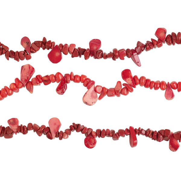 Bead mix, bamboo coral (dyed), light to dark red, top- and center-drilled small to extra-large chip and 14x9mm-20x14mm teardrop, Mohs hardness 3-1/2 to 4. Sold per (3) 8-inch strands. image number 0
