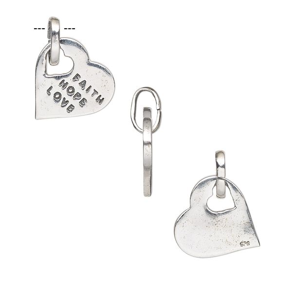 Charm, antiqued sterling silver, 19x15mm one-sided heart with "FAITH HOPE LOVE." Sold individually. image number 0