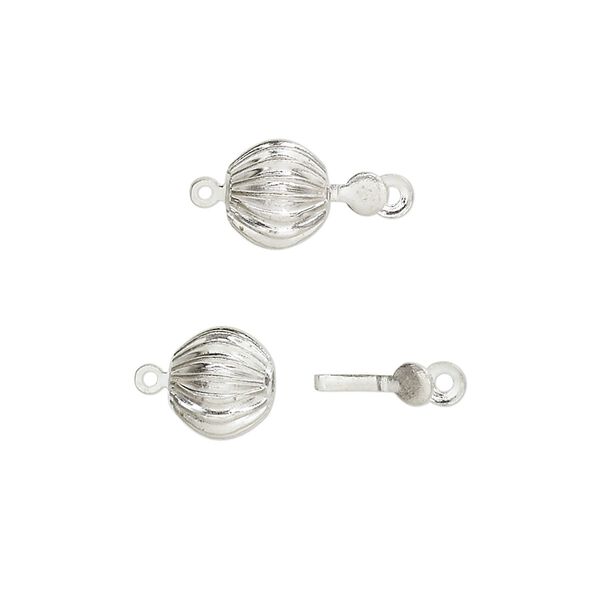 Clasp, tab, silver-finished brass, 8mm corrugated ball. Sold per pkg of 100. image number 0