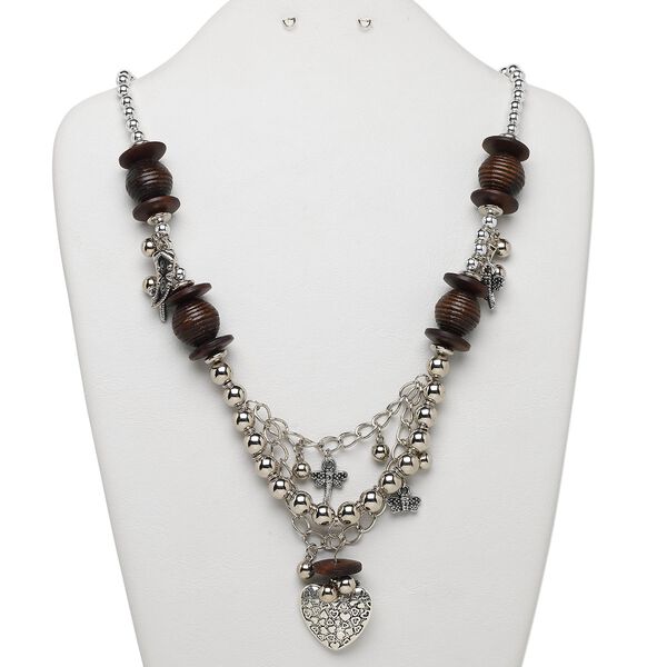 Necklace, Huangshan pine tree wood and silver-finished plastic, brown, 30x29mm heart focal with mixed size and shape beads and charms, 24 inches with silver-finished brass lobster claw clasp and 1-3/4 inch steel extender chain, 28-inch drape. Sold individually. image number 0