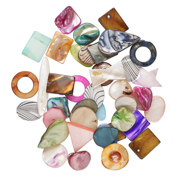 Bead mix, mother-of-pearl shell (dyed), mixed colors, 17x10mm-31x21mm top- and center-drilled mixed shapes with 0.6-0.8mm hole, Mohs hardness 3-1/2. Sold per 3-ounce pkg, approximately 40-50 beads. image number 0