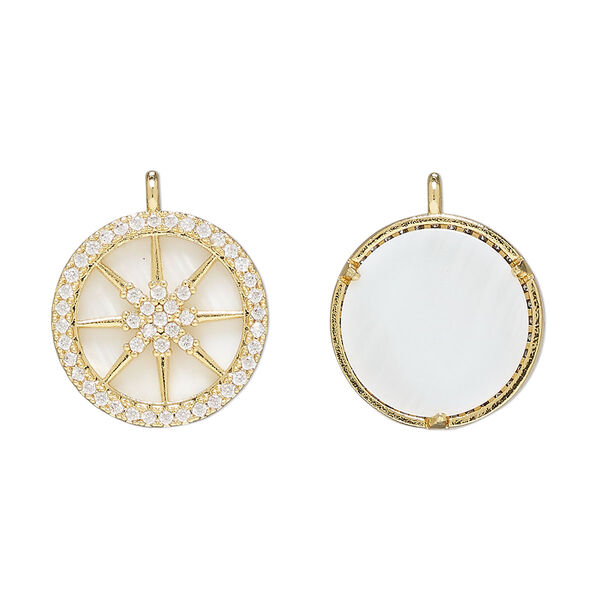 Drop 1pkg2 brass / freshwater pearl shell / glass rhinestone, 16mm round, bleached gold finish / white / clear image number 0