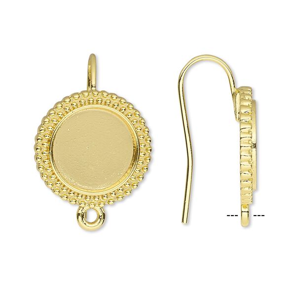 Ear wire fishhook 1pkg10, 23mm / 12mm beaded round glue-in cab setting / closed loop, 18 gauge gold-finished brass 5 pair image number 0