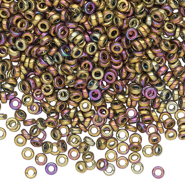Seed bead, Miyuki, glass, pkg/50g, 3x1.3mm spacer rondelle, opaque iris purple and gold, (SPR3-188). image number 0