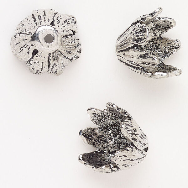 Bead cap, "pewter" (zinc-based alloy), pkg/3, 18x16mm-19x16mm textured flower, fits 14-16mm beads, antique silver finish. image number 0
