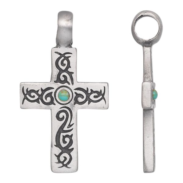 Pendant, antiqued pewter (tin-based alloy), "turquoise" (imitation) resin, blue, 48x26mm single-sided cross. Sold individually. image number 0