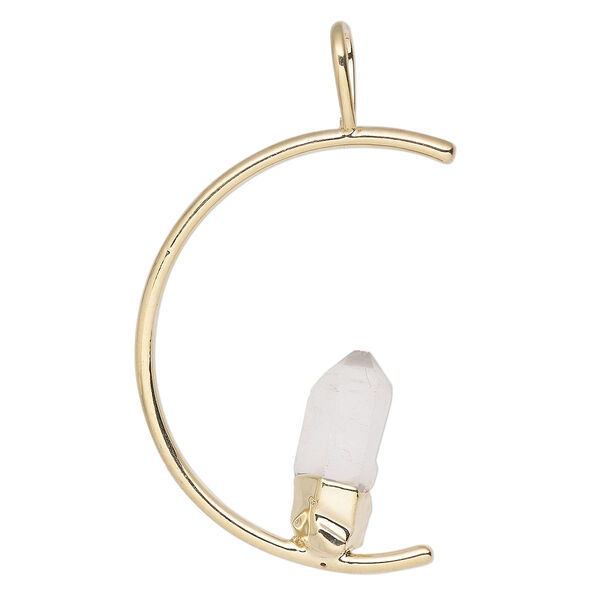 Pendant, Everyday Jewelry, gold-plated brass and quartz crystal (natural), 45x23mm-47x25mm open half round. Sold individually. image number 0