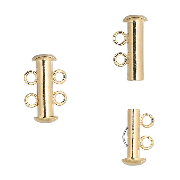 Clasp, 2-strand slide lock, gold-plated brass, 16x6mm tube. Sold per pkg of 4. image number 0