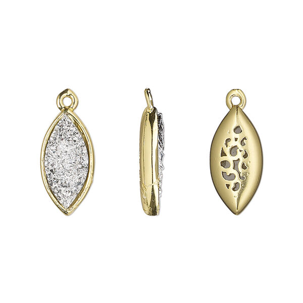 Drop, Druzylite™, "druzy" (resin) and gold-finished brass, silver, 16x8mm two-sided marquise with open filigree back. Sold per pkg of 4. image number 0