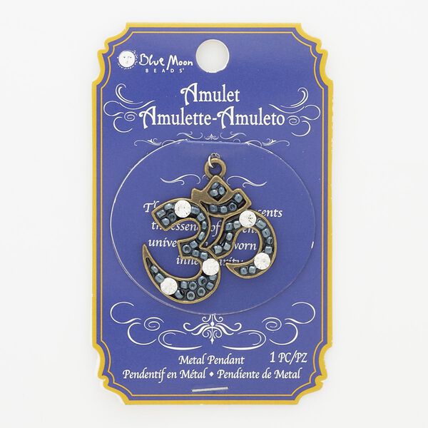 Focal, glass and antique brass-finished "pewter" (zinc-based alloy), steel blue and clear, 34x33mm Om symbol. Sold individually. image number 0