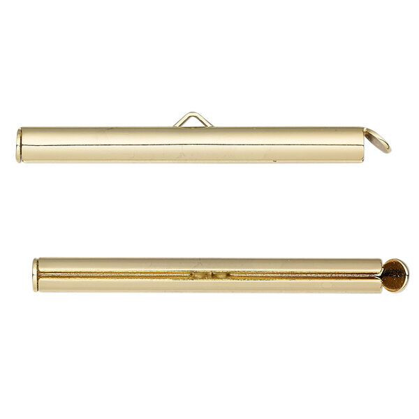 End bar, gold-finished brass, 40x4mm round tube with fold-in ends, 2.75-3mm inside diameter. Sold per pkg of 10. image number 0