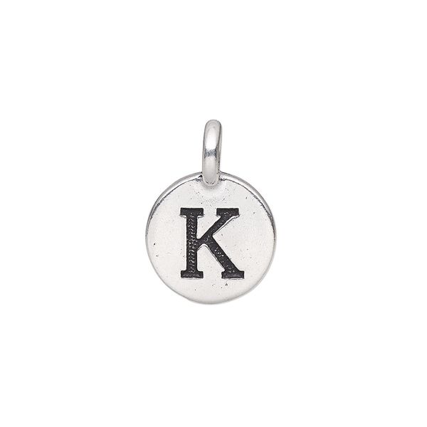 Drop, TierraCast®, antique silver-plated pewter (tin-based alloy), 11.5mm single-sided round with textured alphabet letter "K." Sold per pkg of 2. image number 0