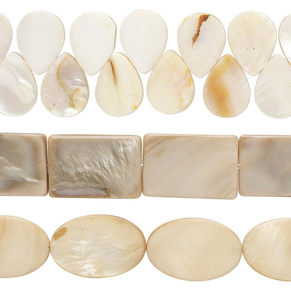 Bead mix, mother-of-pearl shell (dyed), light tan and pale yellow, 18x14mm-37x25mm top- and center-drilled with 0.6-0.8mm hole, Mohs hardness 3-1/2. Sold per pkg of (3) 15-inch strands. image number 0