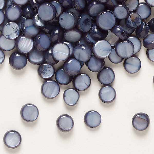 Bead mother-of-pearl shell 1pk, 5-6mm flat round dyed blue steel image number 0