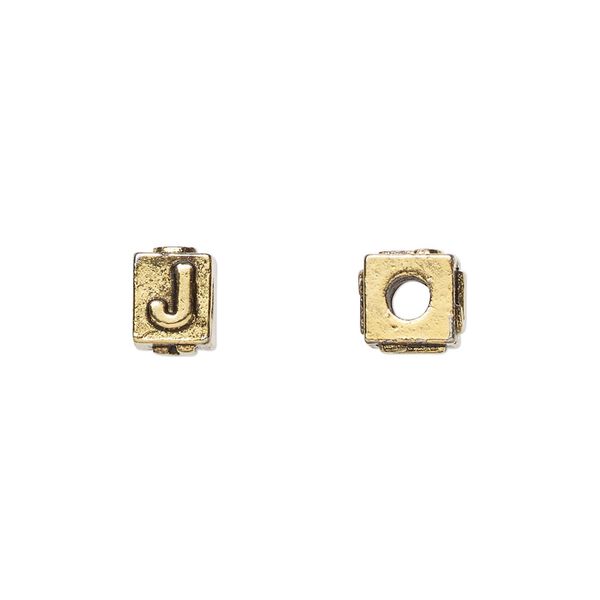 Bead, antique gold-plated pewter (tin-based alloy), 8x6mm rectangle with alphabet letter "J." Sold per pkg of 4. image number 0