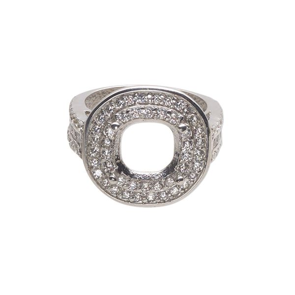 Ring, cubic zirconia and rhodium-plated sterling silver, clear, 19mm wide with open back and 10mm cushion 4-prong setting, size 7. Sold individually. image number 0