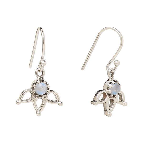 Ear wire, Create Compliments®, antiqued sterling silver and rainbow moonstone (natural), fishhook, 27mm with 14.5 x 12.5mm single-sided open 3-teardrop, 21 gauge. Sold per pair. image number 0