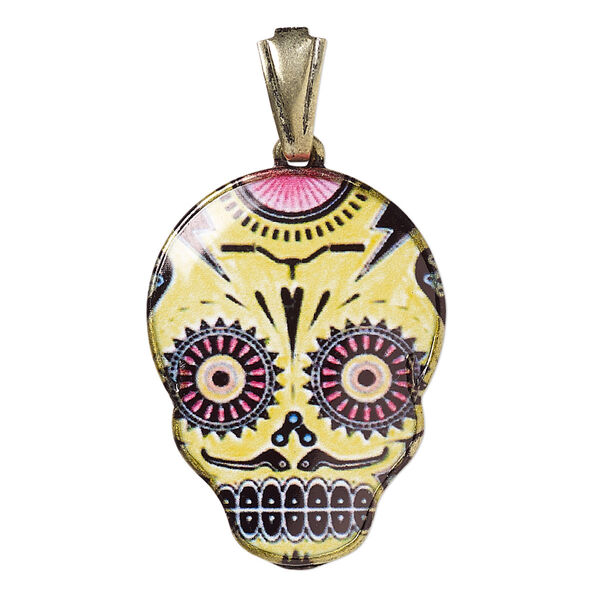 Pendant, resin and gold-finished brass, multicolored, 30x22mm Dia de los Muertos skull with open bail. Sold individually. image number 0