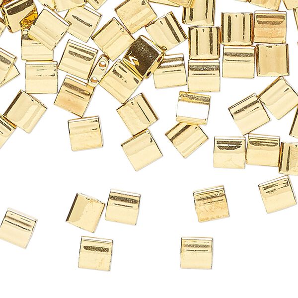 Seed bead, TILA®, glass, pkg/40g, 5mm full tila square, opaque 24Kt gold-plated, (TL-191). image number 0