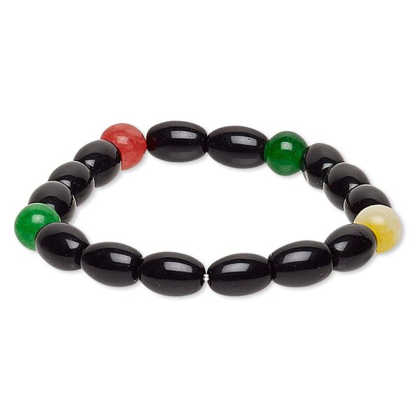 Bracelet, stretch, multi-gemstone (natural / dyed / heated) and glass, multicolored and opaque black, 6-8mm round and 10x7mm-11x8mm barrel, 6 inches. Sold individually. image number 0