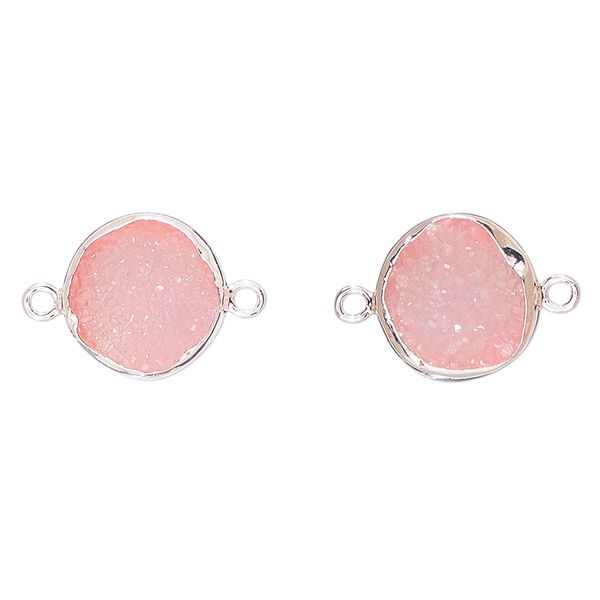 Link, druzy agate (dyed) and sterling silver, pink, 12mm single-sided round. Sold per pkg of 2. image number 0