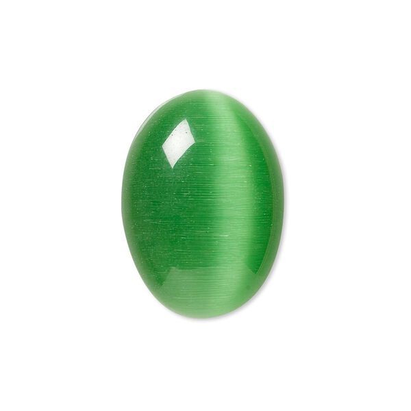 Cabochon, cat's eye glass (fiber optic glass), green, 25x18mm calibrated oval, quality grade. Sold per pkg of 4. image number 0