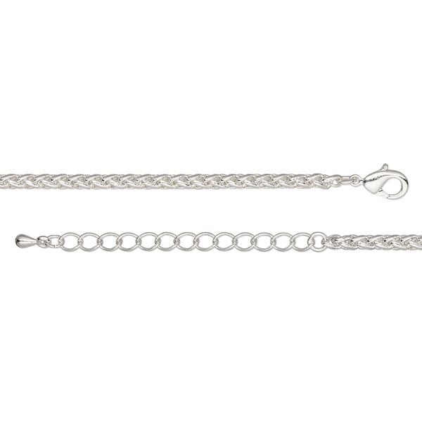 Chain, silver-plated brass, 3.2mm ponytail, 24 inches with 2-inch extender chain and lobster claw clasp. Sold individually. image number 0