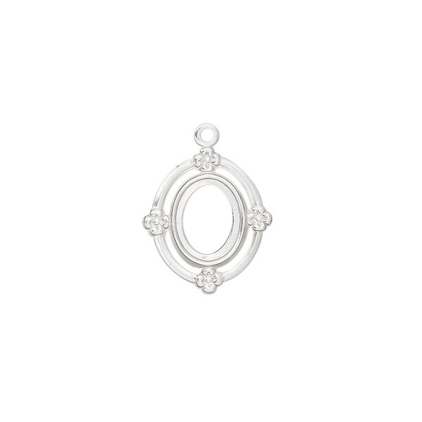 Drop, sterling silver, 16x13mm oval with flower and 8x6mm oval setting. Sold per pkg of 2. image number 0