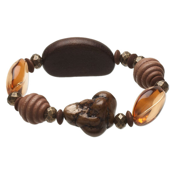 Bracelet, stretch, wood (dyed) / magnesite (dyed / stabilized) / resin / antique brass-coated plastic, multi-brown, 24mm wide with multi-shape, 6-1/2 inches. Sold individually. image number 0