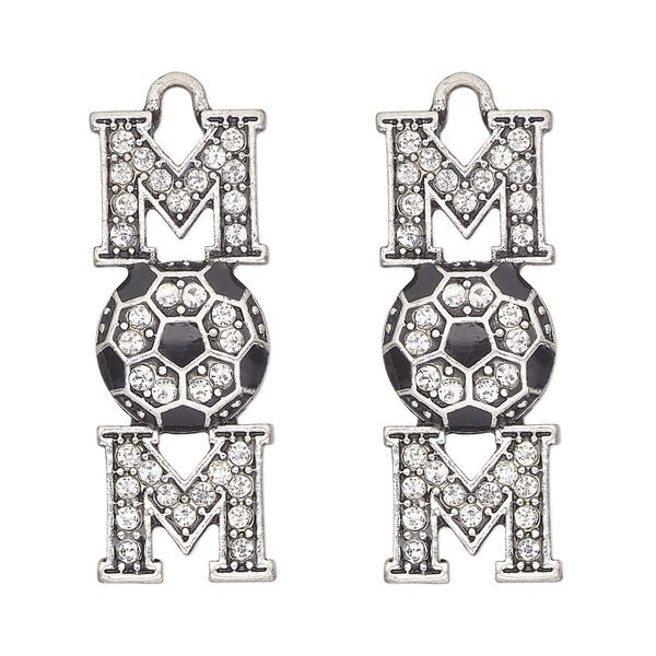 Focal, antique silver-finished "pewter" (zinc-based alloy) and glass, clear and black, 32x12mm single-sided mom and soccer ball. Sold per pkg of 2. image number 0