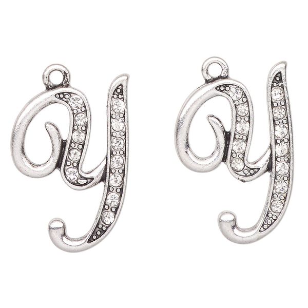 Charm, antique silver-finished "pewter" (zinc-based alloy) and glass, clear, 25x19mm letter "Y". Sold per pkg of 2. image number 0